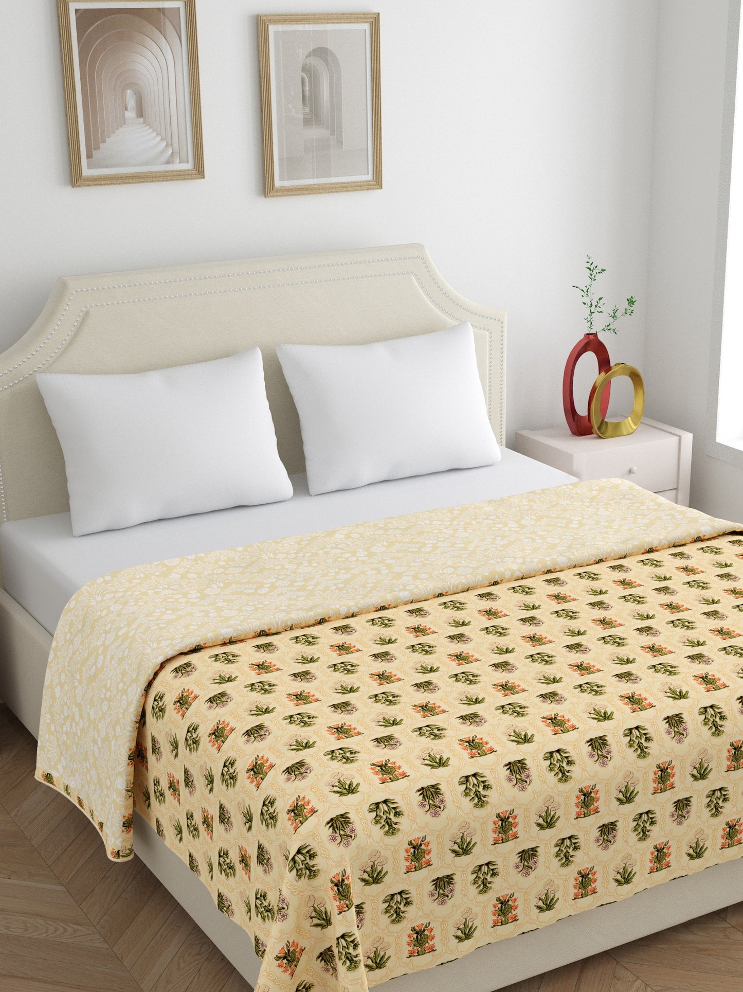 Home Ecstasy 100% Cotton 210 GSM Floral Dohar - Colour: Yellow