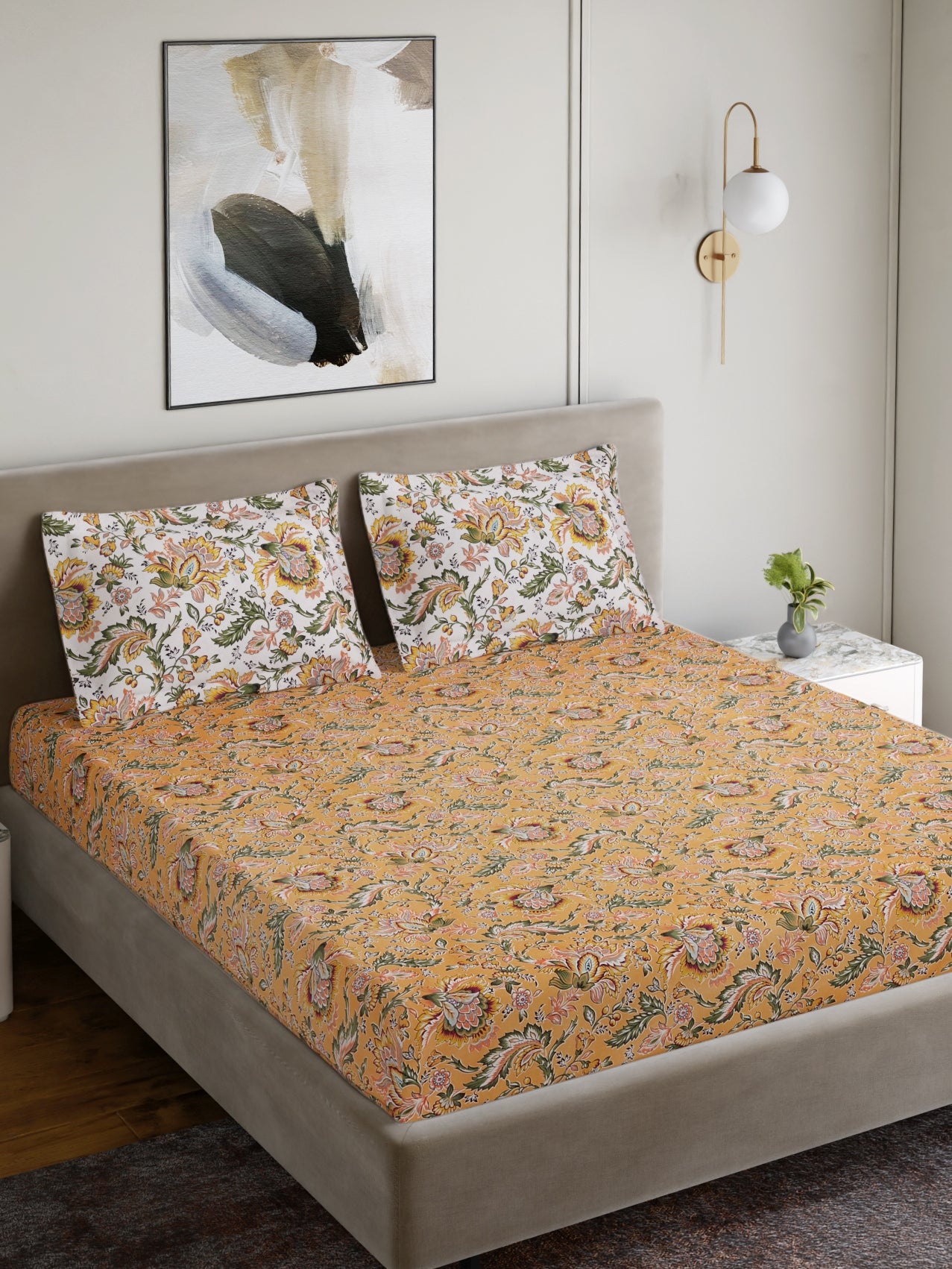 Home Ecstasy 100% Cotton 140 TC Jaipuri Bedsheet Set - Colour: Mustard