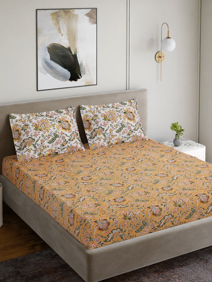 Home Ecstasy 100% Cotton 140 TC Jaipuri Bedsheet Set - Colour: Mustard