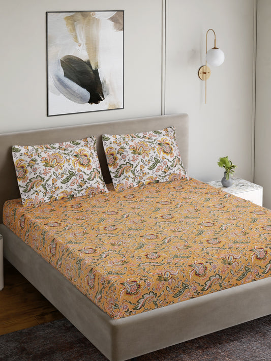 Home Ecstasy 100% Cotton 140 TC Jaipuri Bedsheet Set - Colour: Mustard