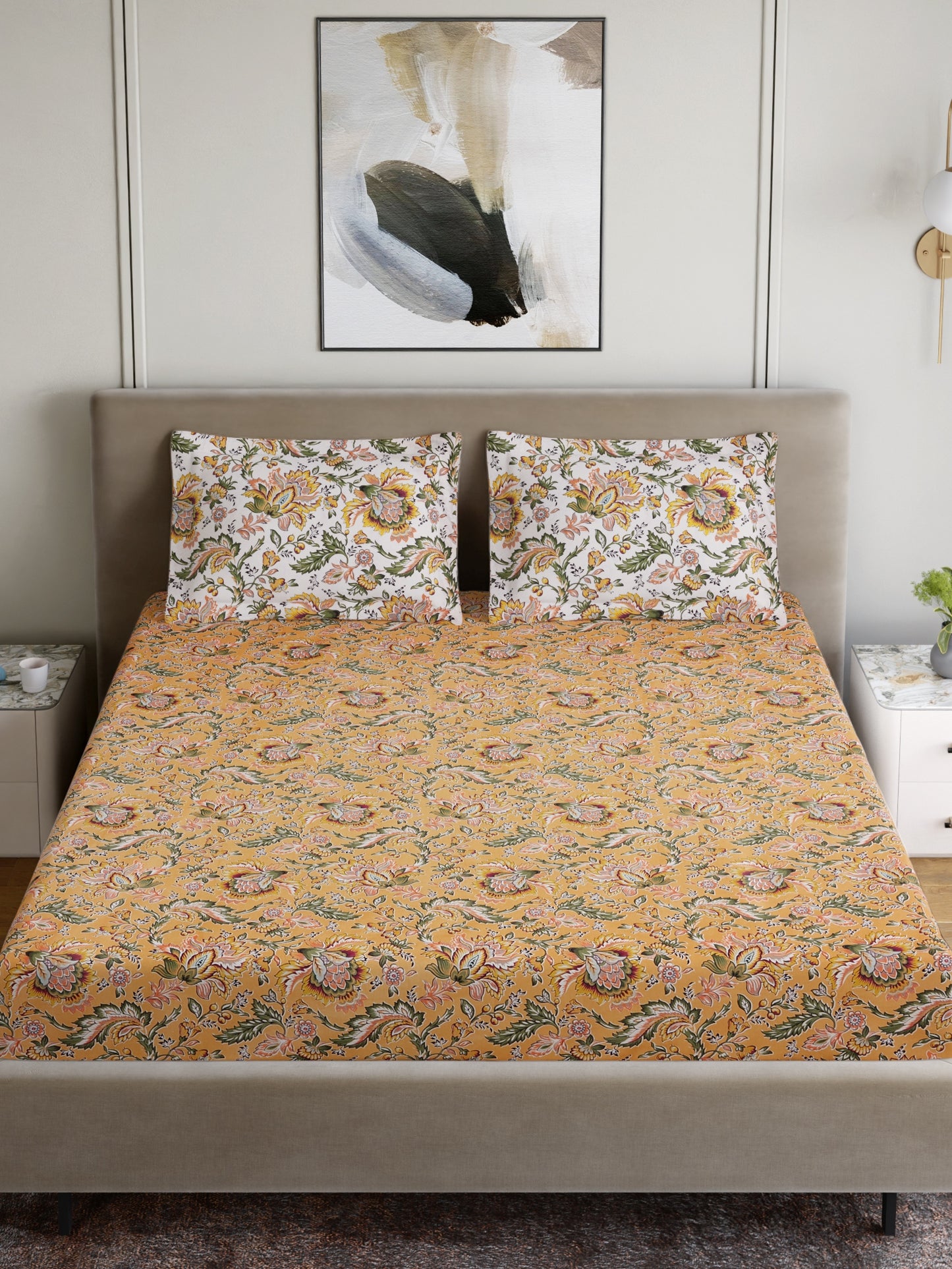 Home Ecstasy 100% Cotton 140 TC Jaipuri Bedsheet Set - Colour: Mustard