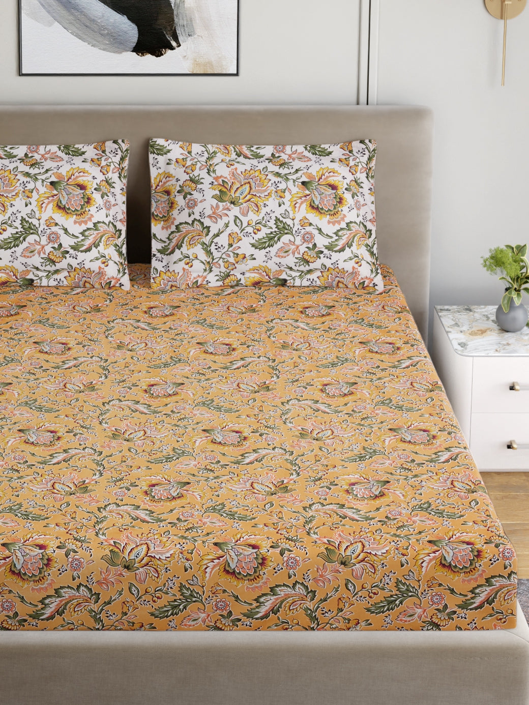 Home Ecstasy 100% Cotton 140 TC Jaipuri Bedsheet Set - Colour: Mustard