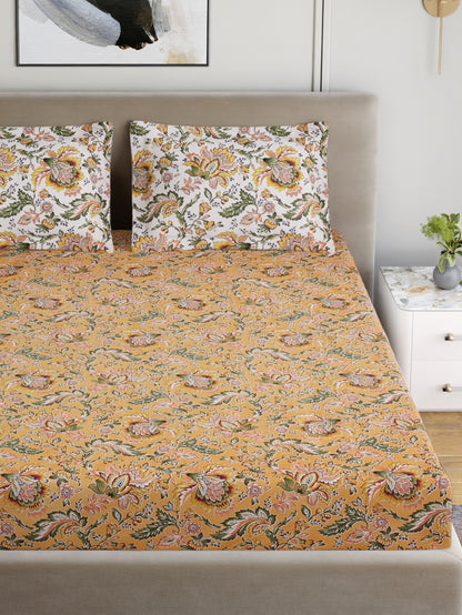 Home Ecstasy 100% Cotton 140 TC Jaipuri Bedsheet Set - Colour: Mustard