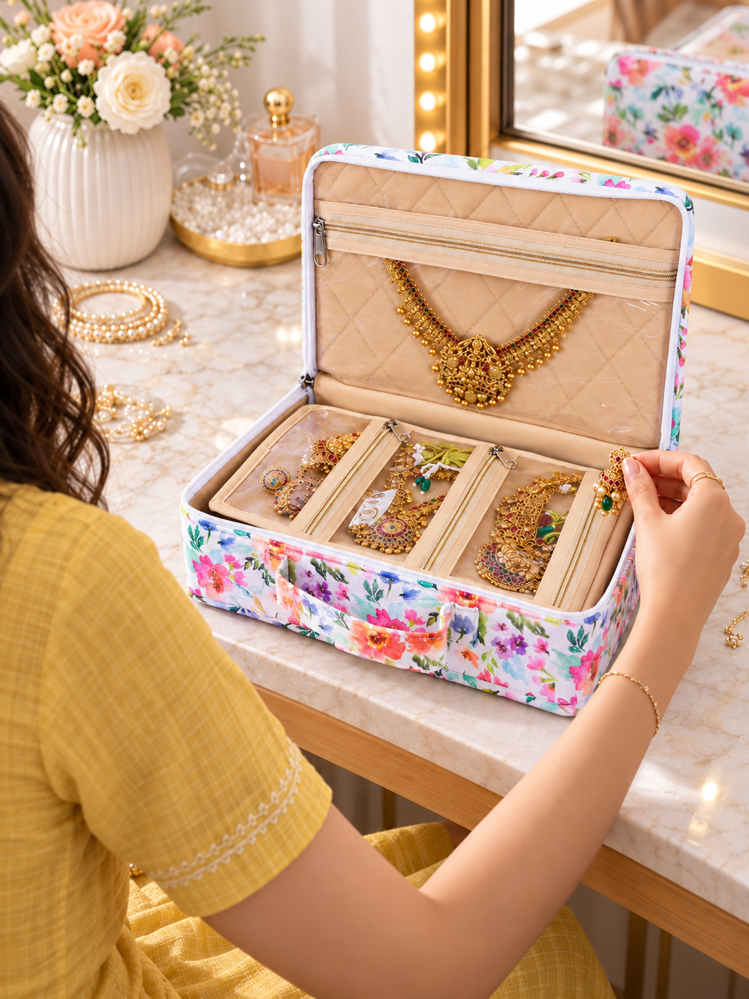 Home Ecstasy 7-Piece Jewellery Organiser for Women | Detachable Transparent Zipper Pouches | Travel Jewellery Case | 28 x 18 x 8 cm