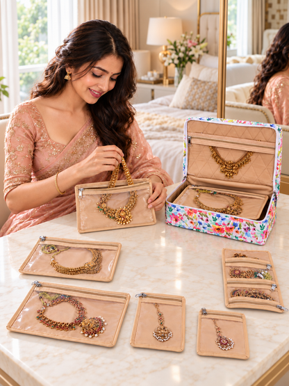 Home Ecstasy 7-Piece Jewellery Organiser for Women | Detachable Transparent Zipper Pouches | Travel Jewellery Case | 28 x 18 x 8 cm