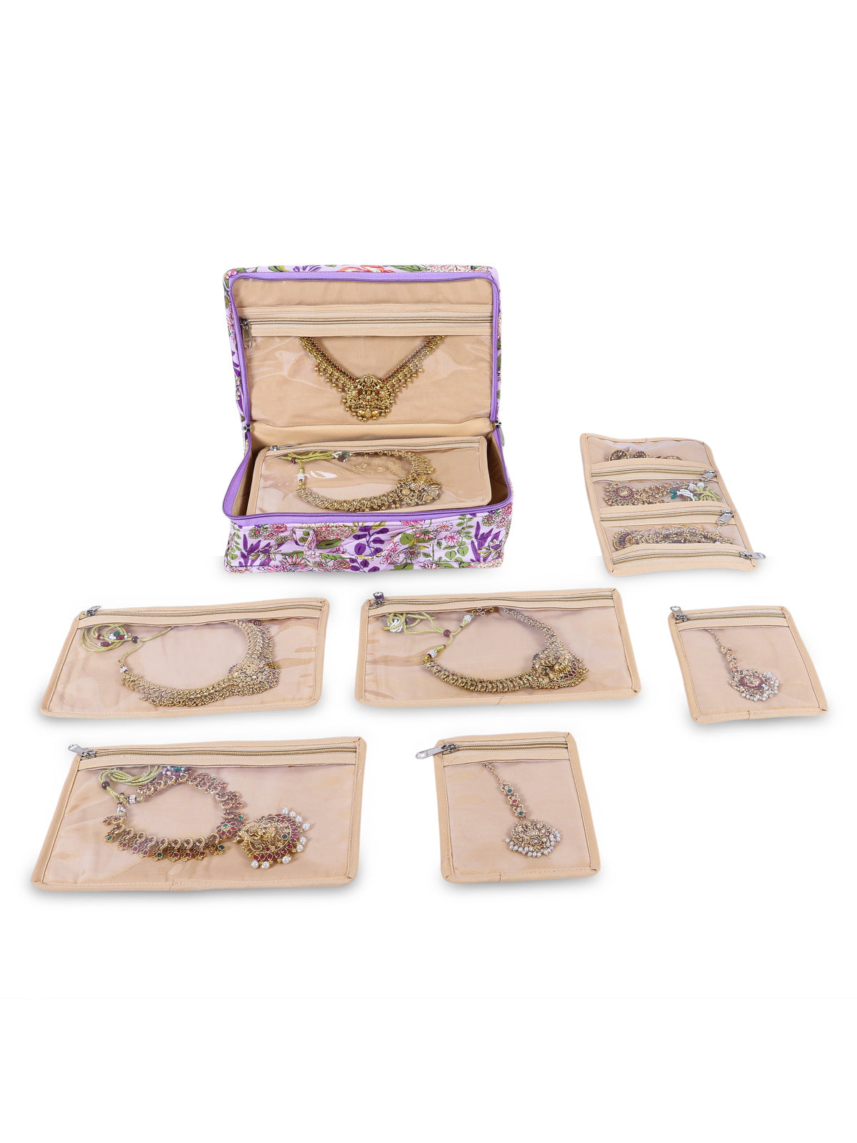 Home Ecstasy 7-Piece Jewellery Organiser for Women | Detachable Transparent Zipper Pouches | Travel Jewellery Case | 28 x 18 x 8 cm