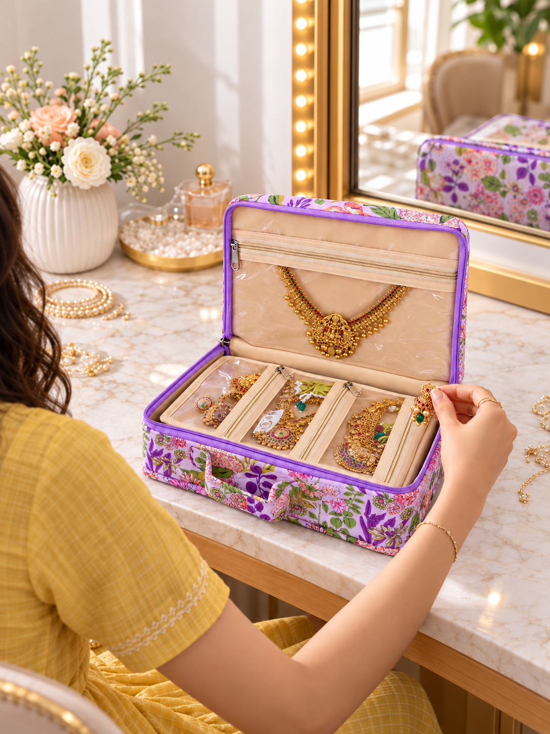 Home Ecstasy 7-Piece Jewellery Organiser for Women | Detachable Transparent Zipper Pouches | Travel Jewellery Case | 28 x 18 x 8 cm