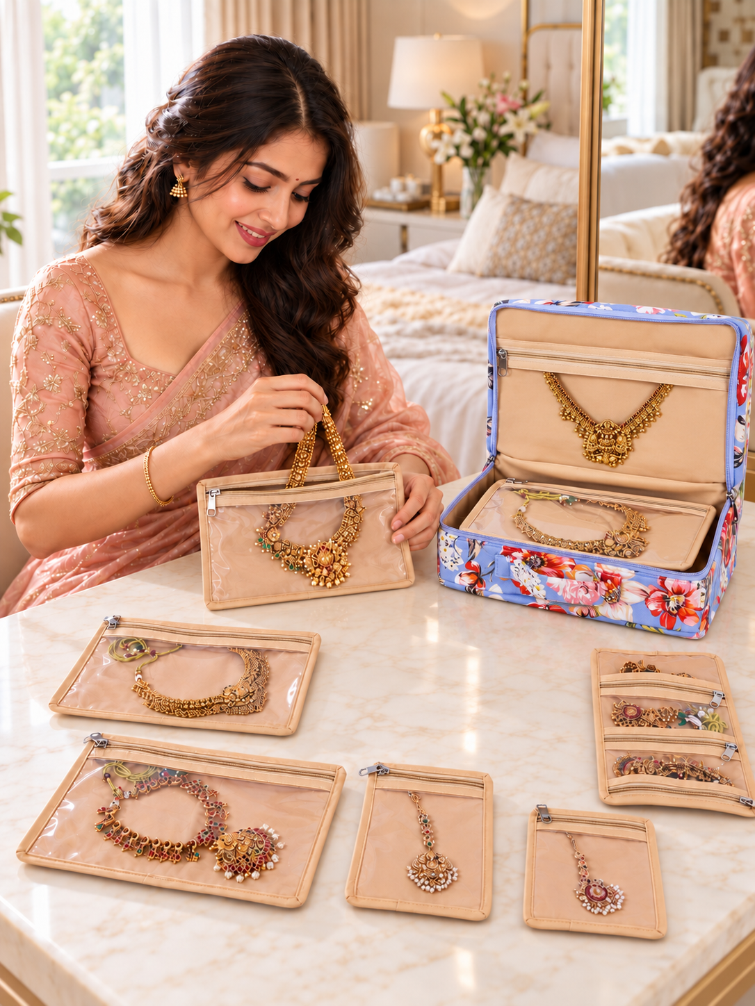 Home Ecstasy 7-Piece Jewellery Organiser for Women | Detachable Transparent Zipper Pouches | Travel Jewellery Case | 28 x 18 x 8 cm