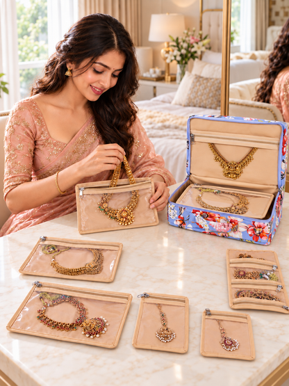 Home Ecstasy 7-Piece Jewellery Organiser for Women | Detachable Transparent Zipper Pouches | Travel Jewellery Case | 28 x 18 x 8 cm