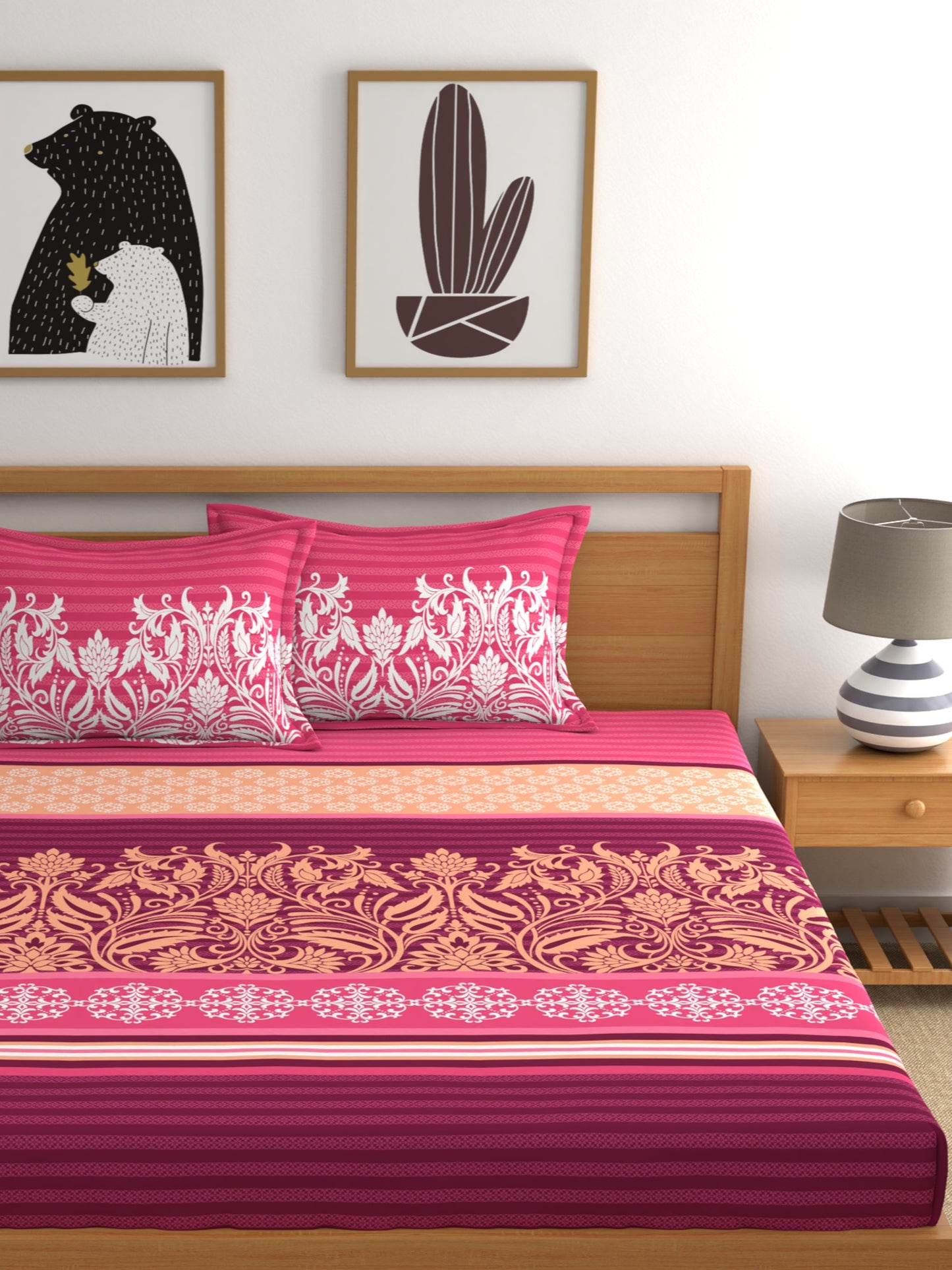 My Room 100% Cotton Ethnic Bedsheet Set | 140 TC | Dark Pink