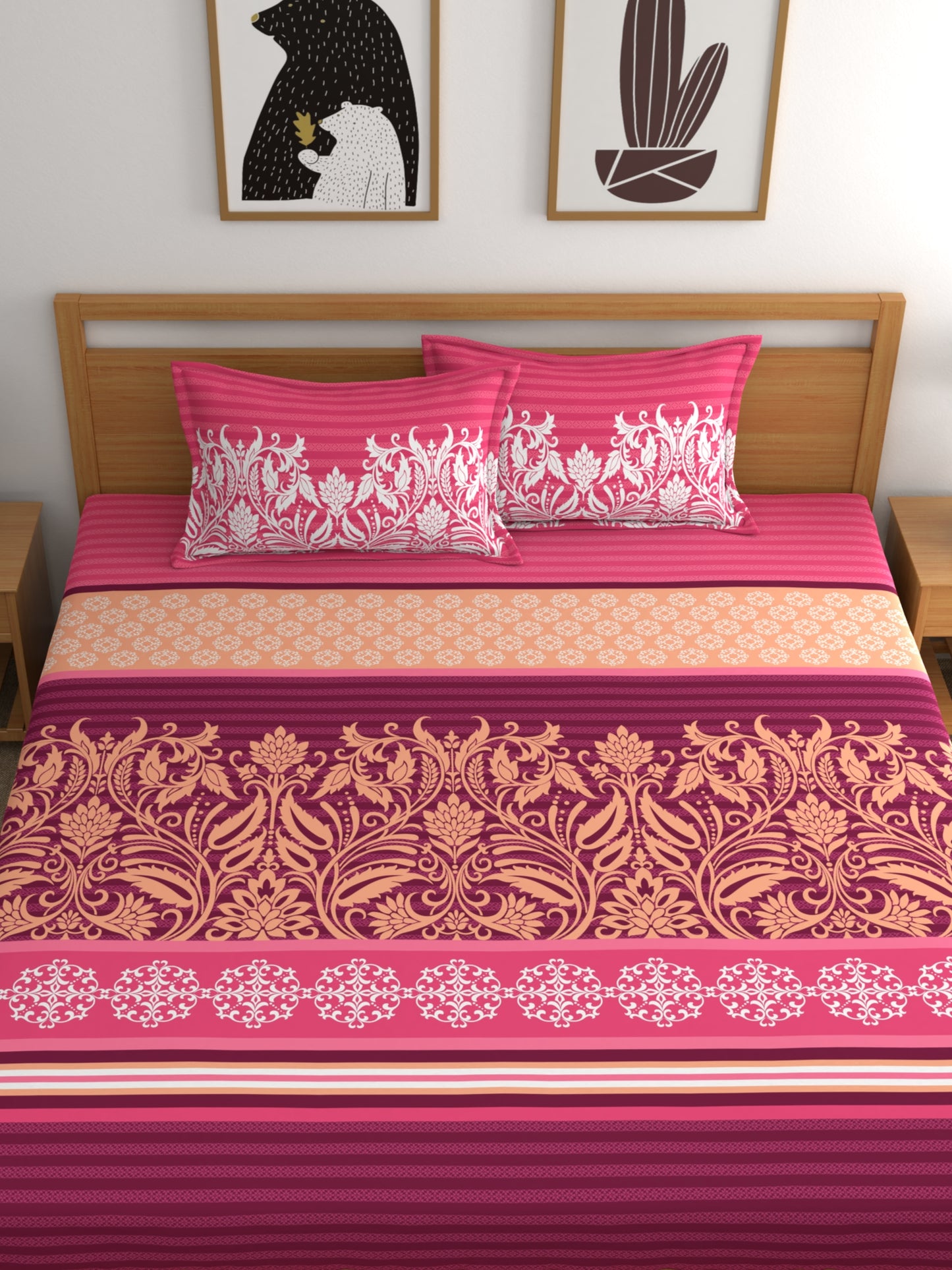 My Room 100% Cotton Ethnic Bedsheet Set | 140 TC | Dark Pink
