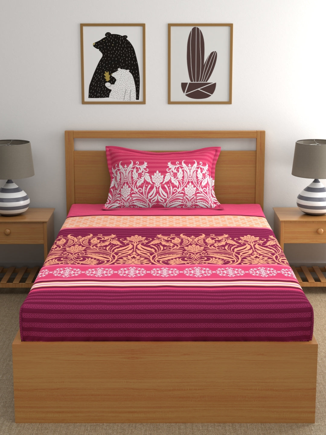 My Room 100% Cotton Ethnic Bedsheet Set | 140 TC | Dark Pink