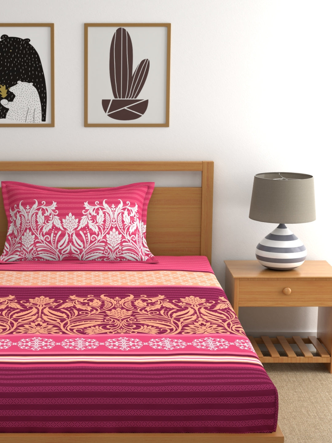 My Room 100% Cotton Ethnic Bedsheet Set | 140 TC | Dark Pink