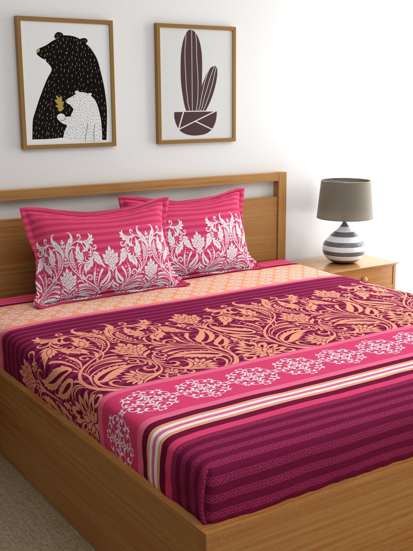 My Room 100% Cotton Ethnic Bedsheet Set | 140 TC | Dark Pink
