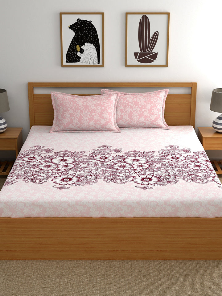 My Room 100% Cotton Floral Bedsheet Set | 140 TC | Light Pink