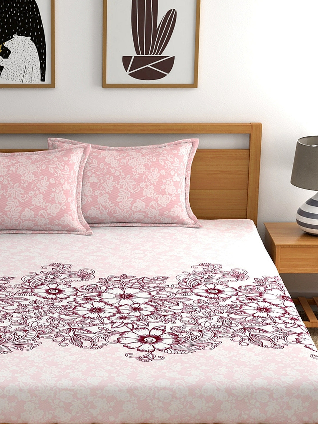 My Room 100% Cotton Floral Bedsheet Set | 140 TC | Light Pink