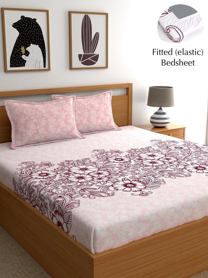 My Room 100% Cotton 140 TC Floral Bedsheet Set - Colour: Light Pink