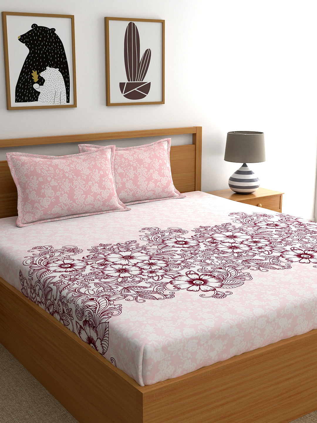 My Room 100% Cotton Floral Bedsheet Set | 140 TC | Light Pink