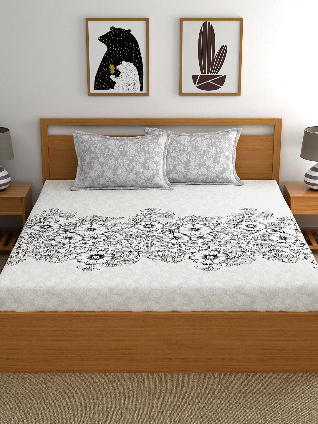 My Room 100% Cotton Floral Bedsheet Set | 140 TC | Black and Grey
