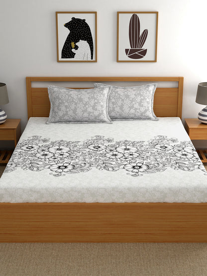 My Room 100% Cotton Floral Bedsheet Set | 140 TC | Black and Grey