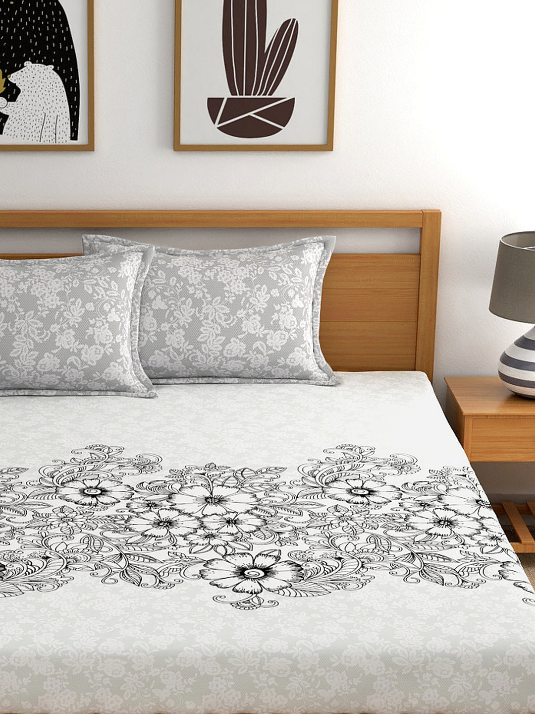 My Room 100% Cotton Floral Bedsheet Set | 140 TC | Black and Grey