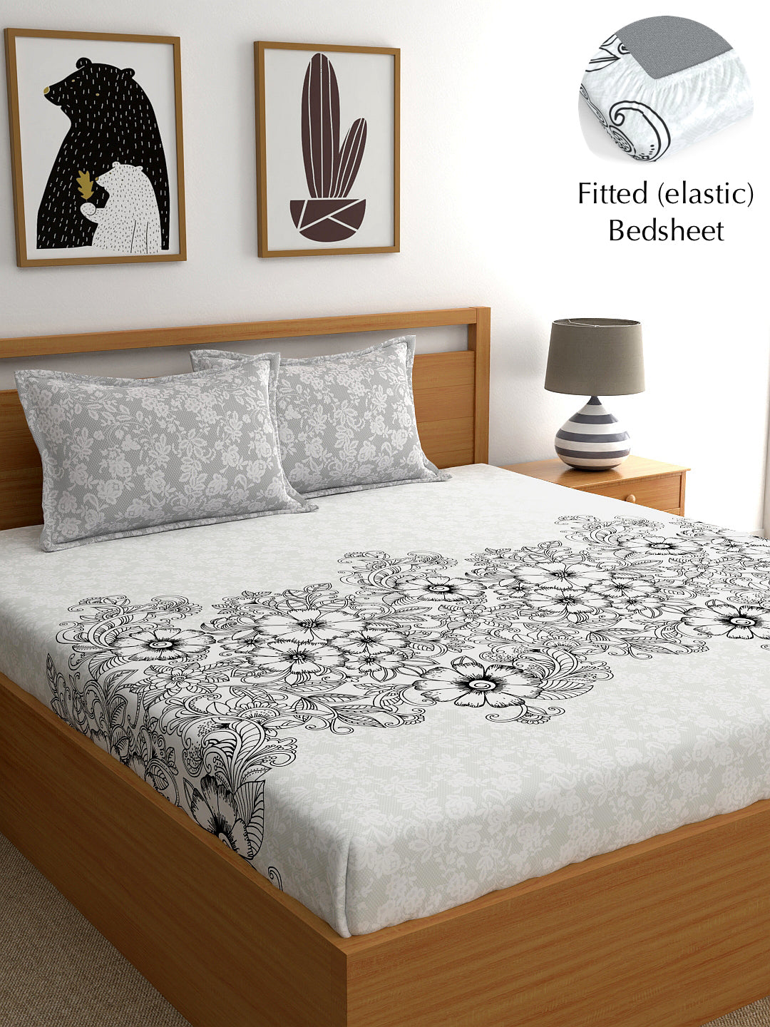 My Room 100% Cotton 140 TC Floral Bedsheet Set - Colour: Black