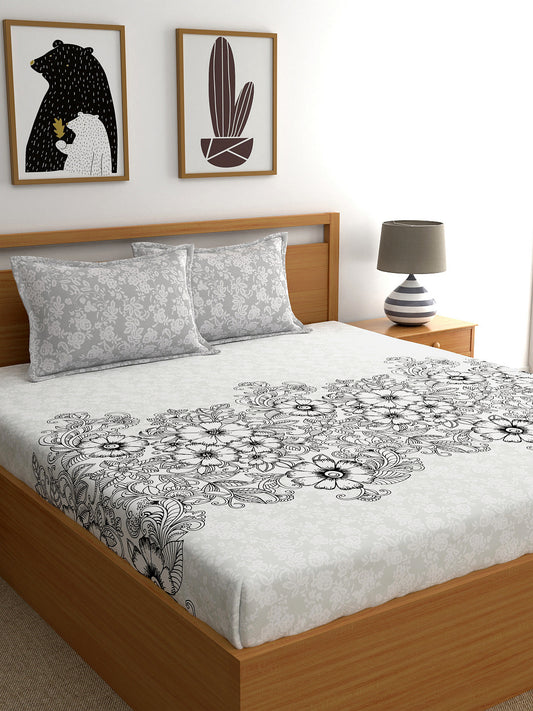 My Room 100% Cotton Floral Bedsheet Set | 140 TC | Black and Grey
