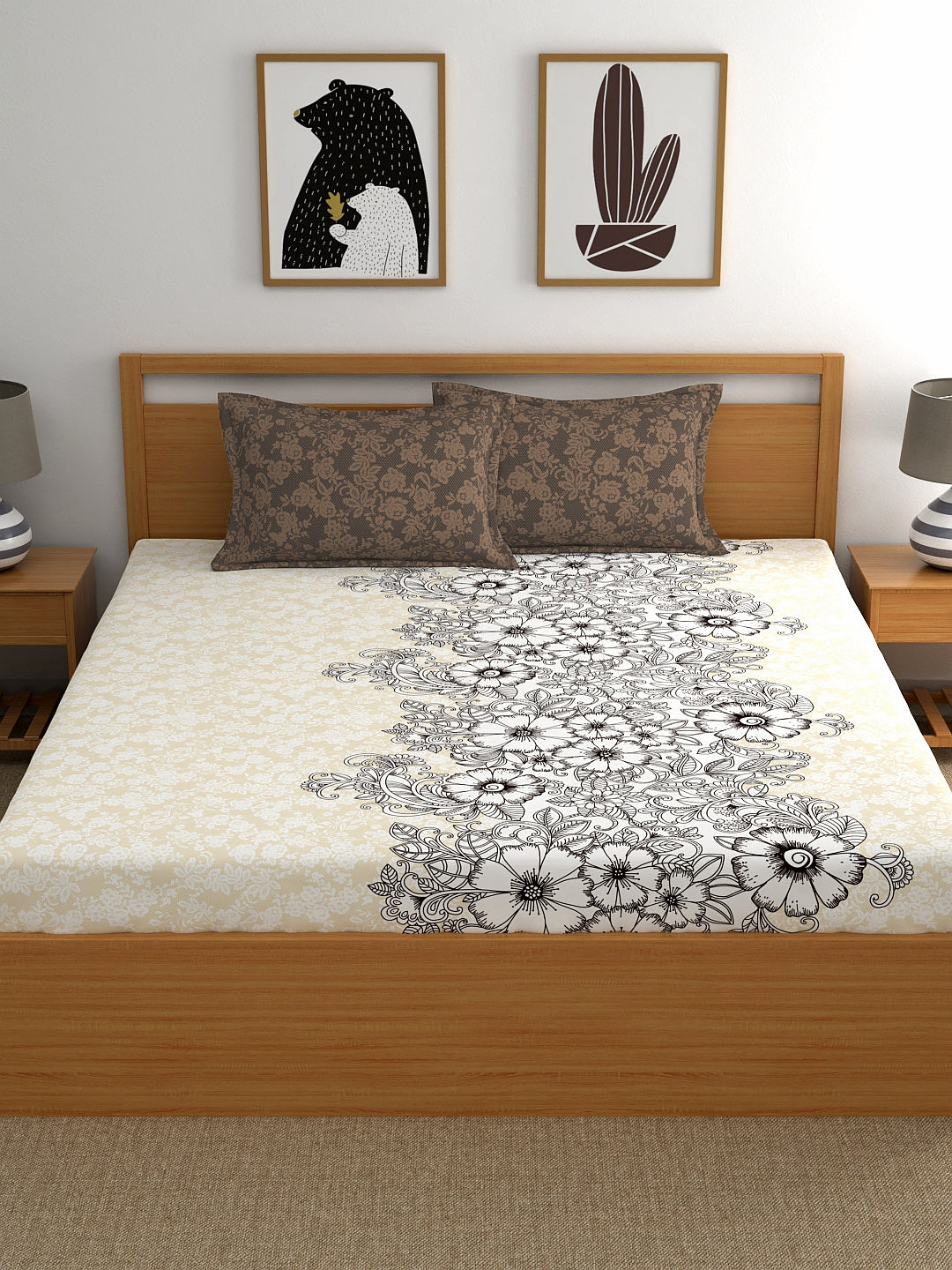 My Room 100% Cotton Floral Bedsheet Set | 140 TC | Brown