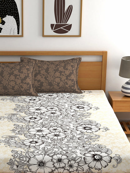 My Room 100% Cotton Floral Bedsheet Set | 140 TC | Brown