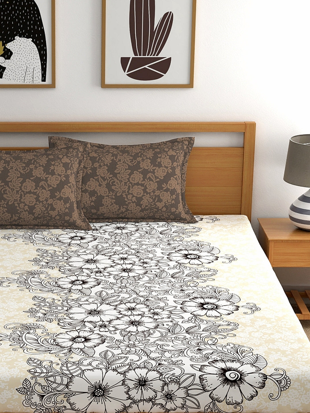 My Room 100% Cotton Floral Bedsheet Set | 140 TC | Brown