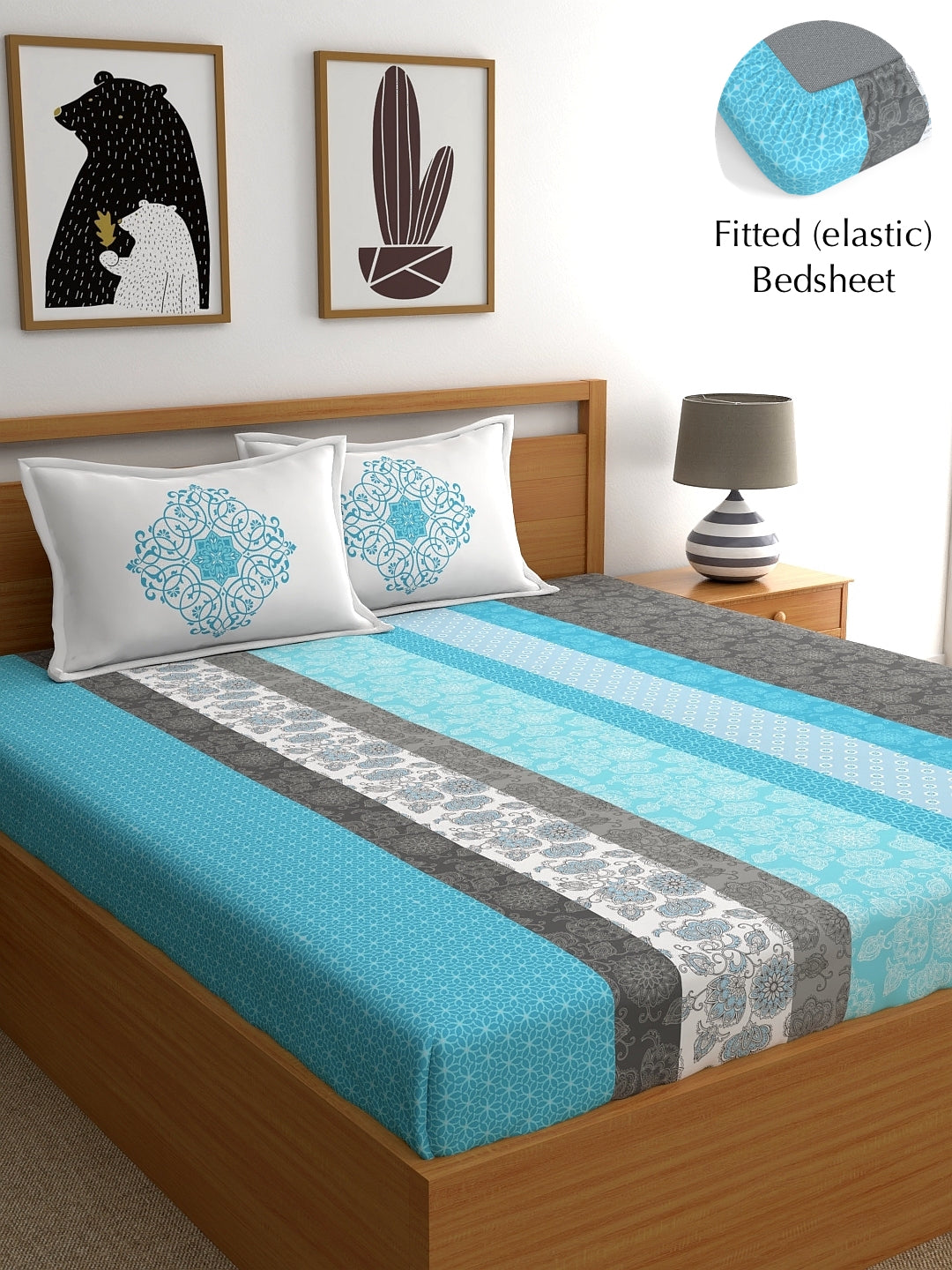My Room 100% Cotton 140 TC Floral Bedsheet Set - Colour: Light Blue