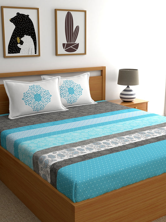 My Room 100% Cotton 140 TC Floral Bedsheet Set - Colour: Light Blue
