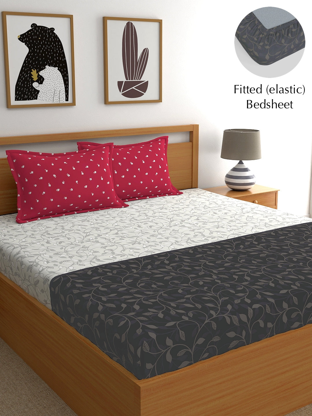 My Room 100% Cotton Floral Bedsheet Set | 140 TC | Black
