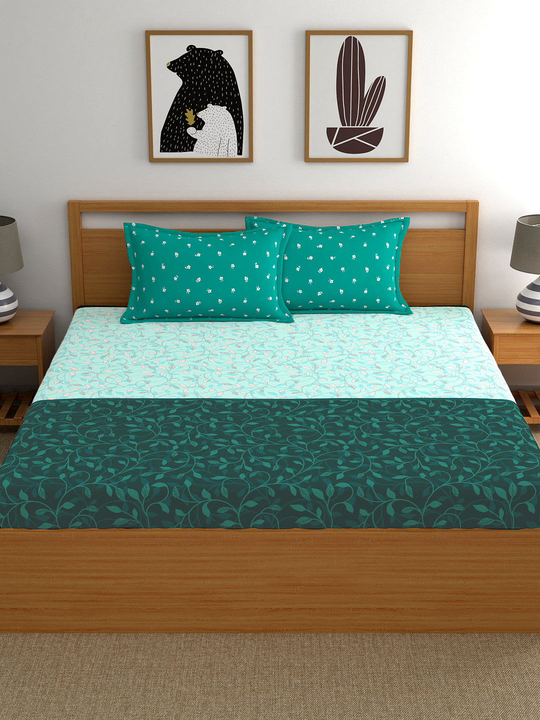 My Room 100% Cotton Floral Bedsheet Set | 140 TC | Teal Green