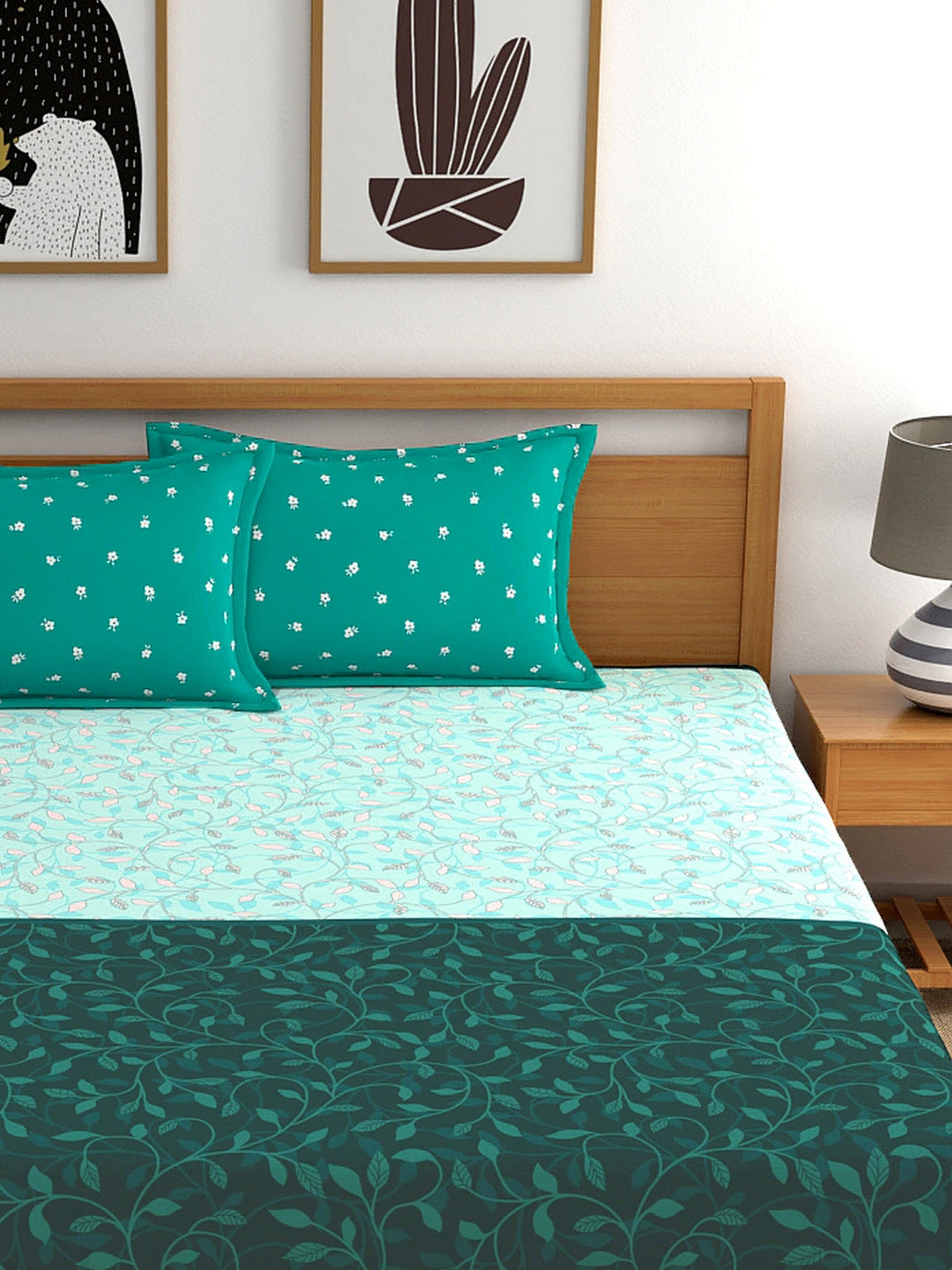 My Room 100% Cotton Floral Bedsheet Set | 140 TC | Teal Green
