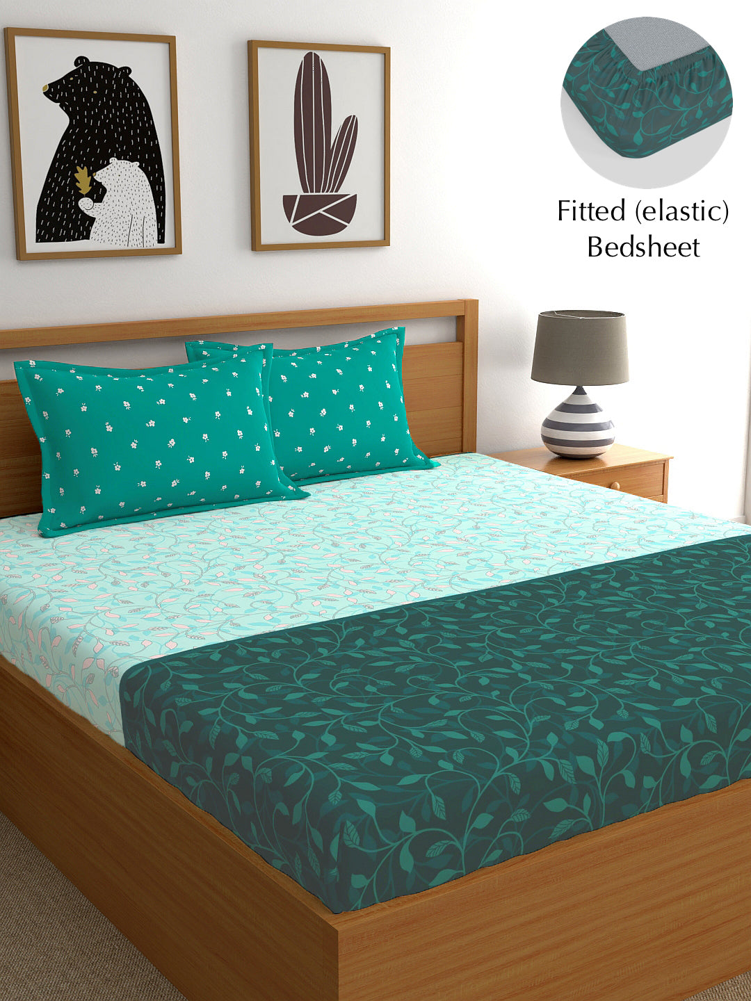 My Room 100% Cotton Floral Bedsheet Set | 140 TC | Teal Green