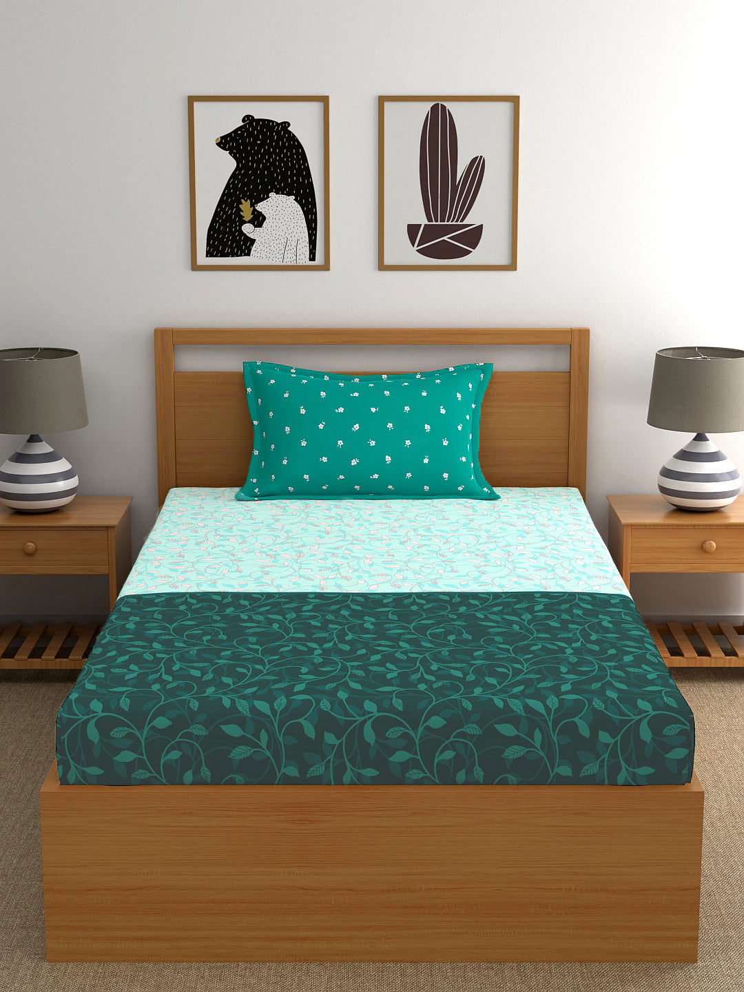 My Room 100% Cotton Floral Bedsheet Set | 140 TC | Teal Green