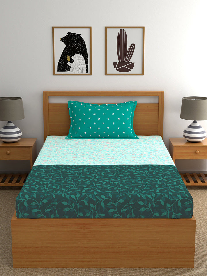 My Room 100% Cotton Floral Bedsheet Set | 140 TC | Teal Green