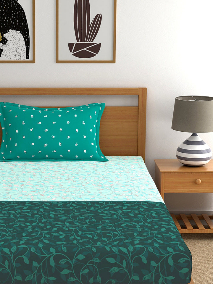 My Room 100% Cotton Floral Bedsheet Set | 140 TC | Teal Green
