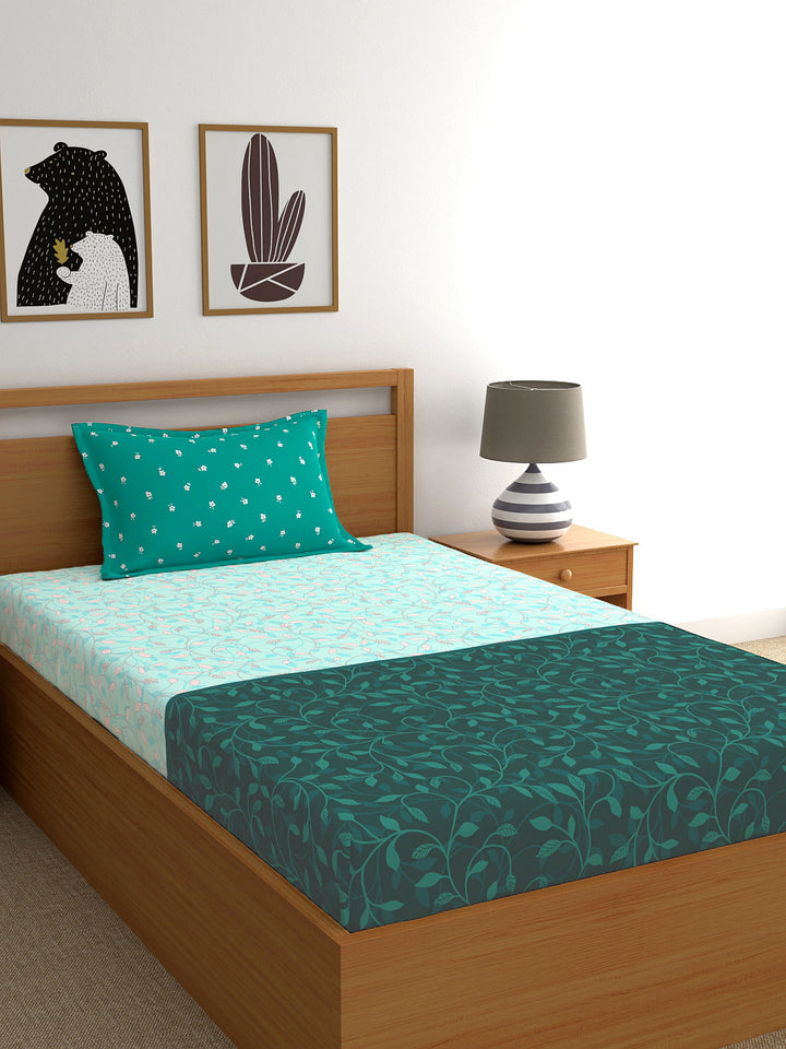 My Room 100% Cotton Floral Bedsheet Set | 140 TC | Teal Green
