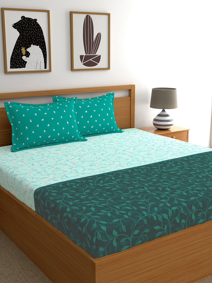 My Room 100% Cotton Floral Bedsheet Set | 140 TC | Teal Green