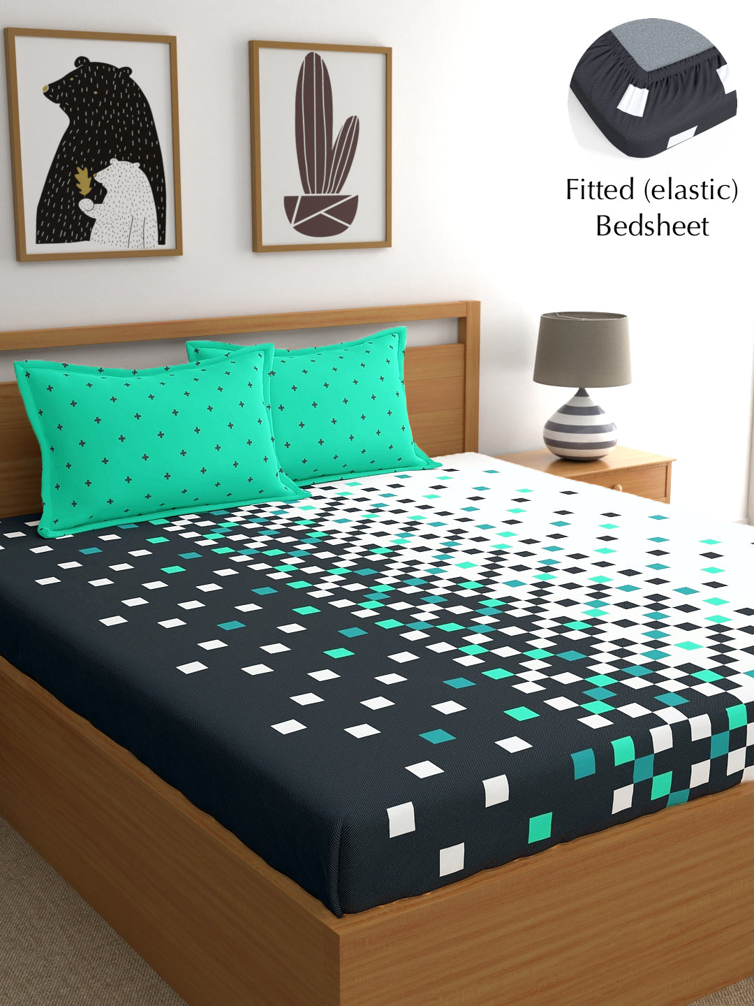 My Room 100% Cotton Geometri Bedsheet Set | 140 TC | Dark Grey