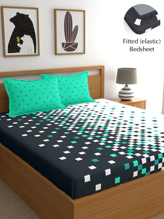 My Room 100% Cotton 140 TC Geometric Bedsheet Set - Colour: Dark Grey