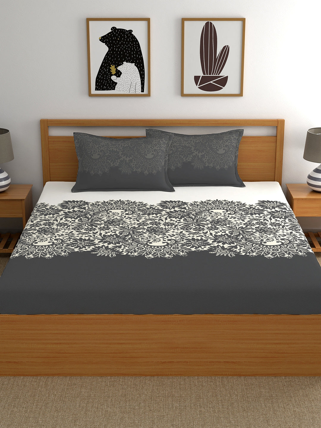 My Room 100% Cotton Ethnic Bedsheet Set | 140 TC | Dark Grey