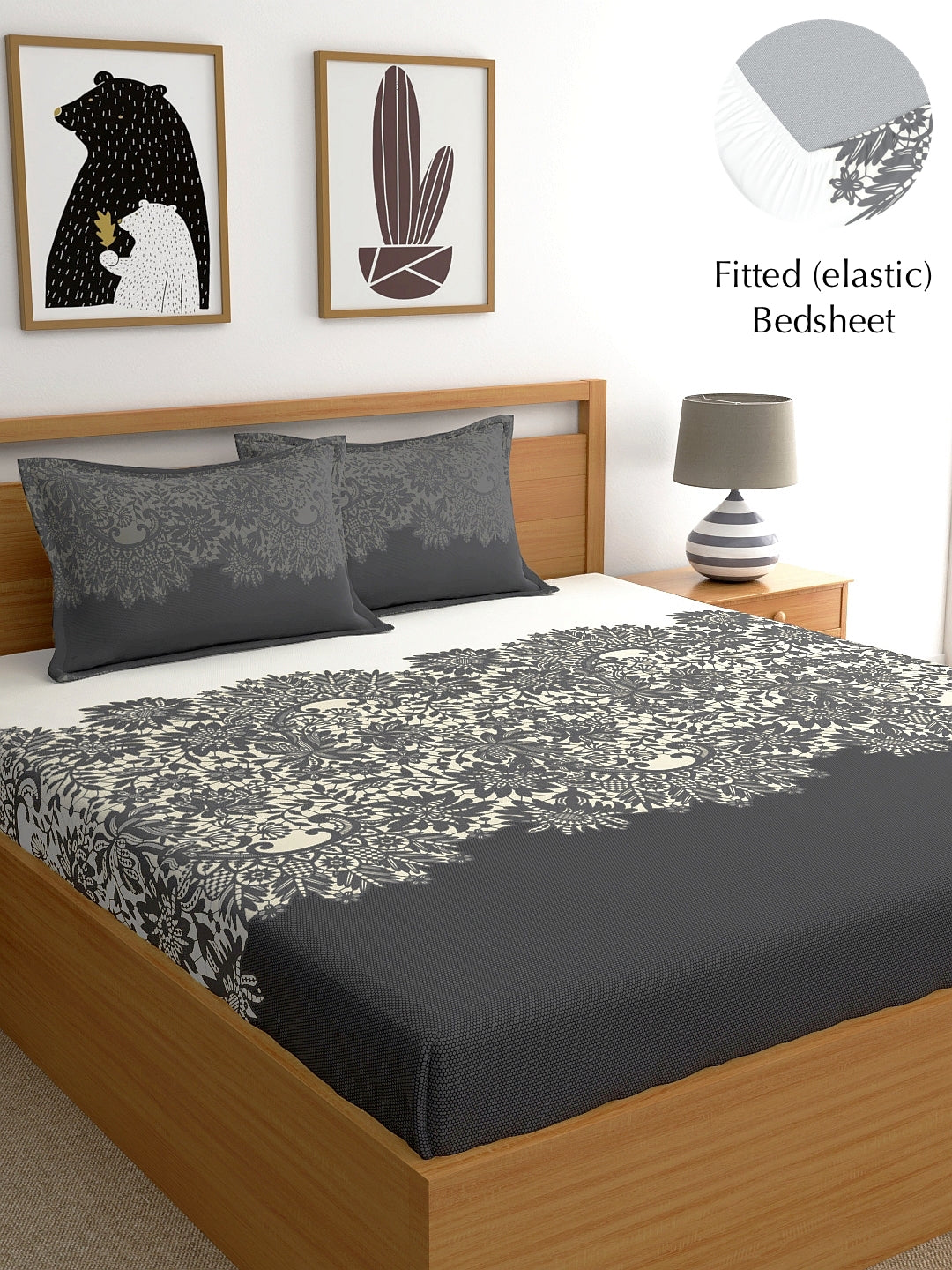 My Room 100% Cotton Ethnic Bedsheet Set | 140 TC | Dark Grey