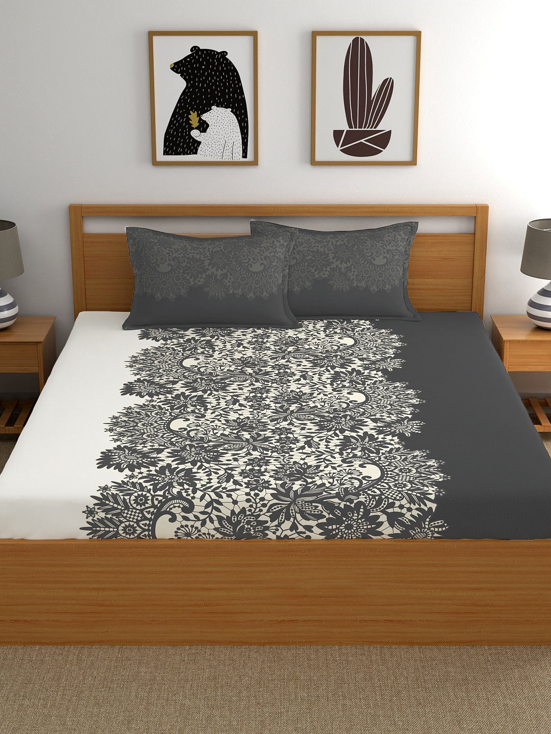 My Room 100% Cotton Ethnic Bedsheet Set | 140 TC | Dark Grey