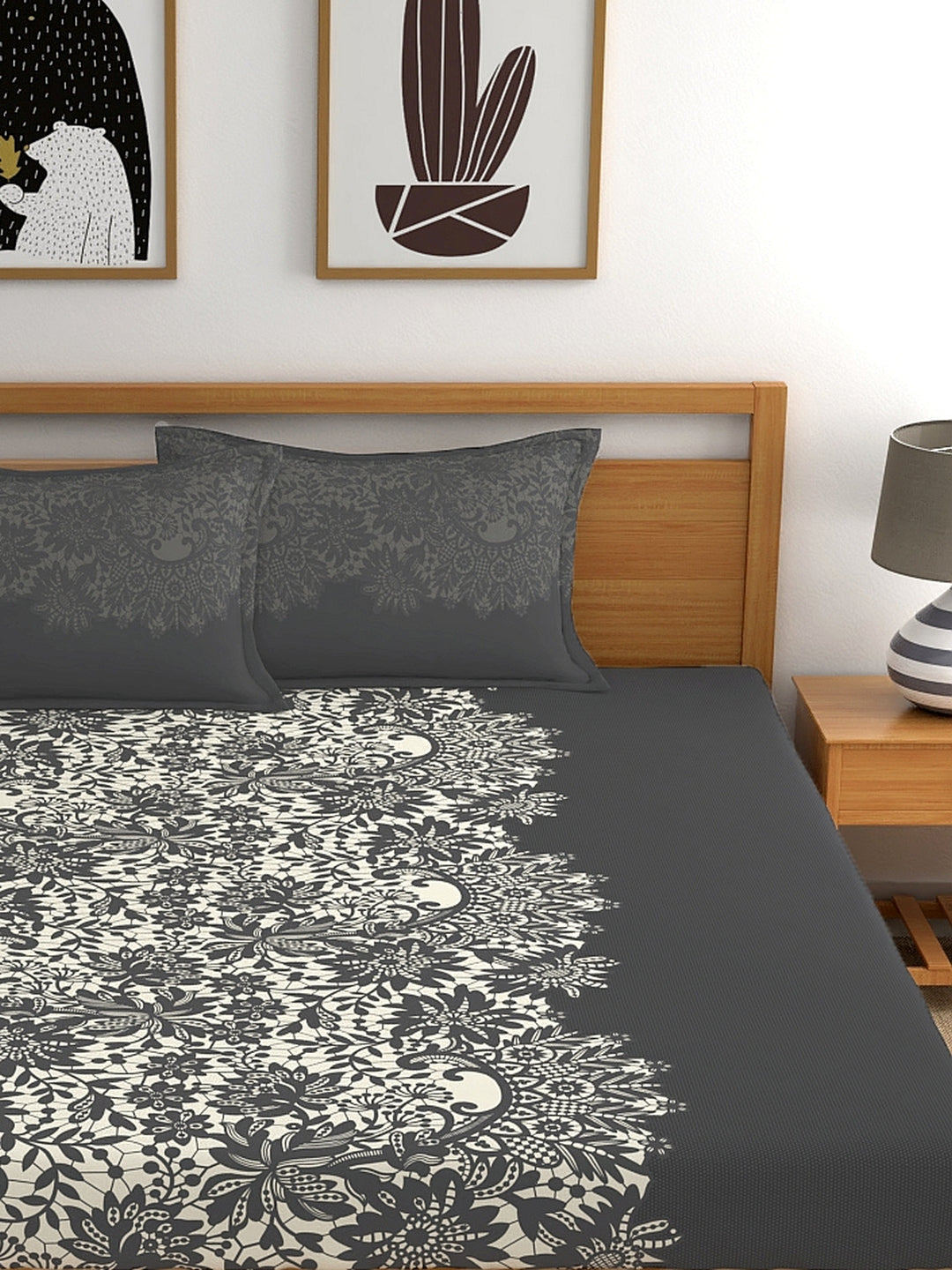 My Room 100% Cotton Ethnic Bedsheet Set | 140 TC | Dark Grey