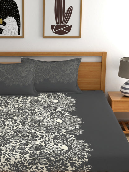 My Room 100% Cotton Ethnic Bedsheet Set | 140 TC | Dark Grey