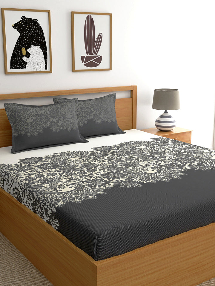 My Room 100% Cotton Ethnic Bedsheet Set | 140 TC | Dark Grey