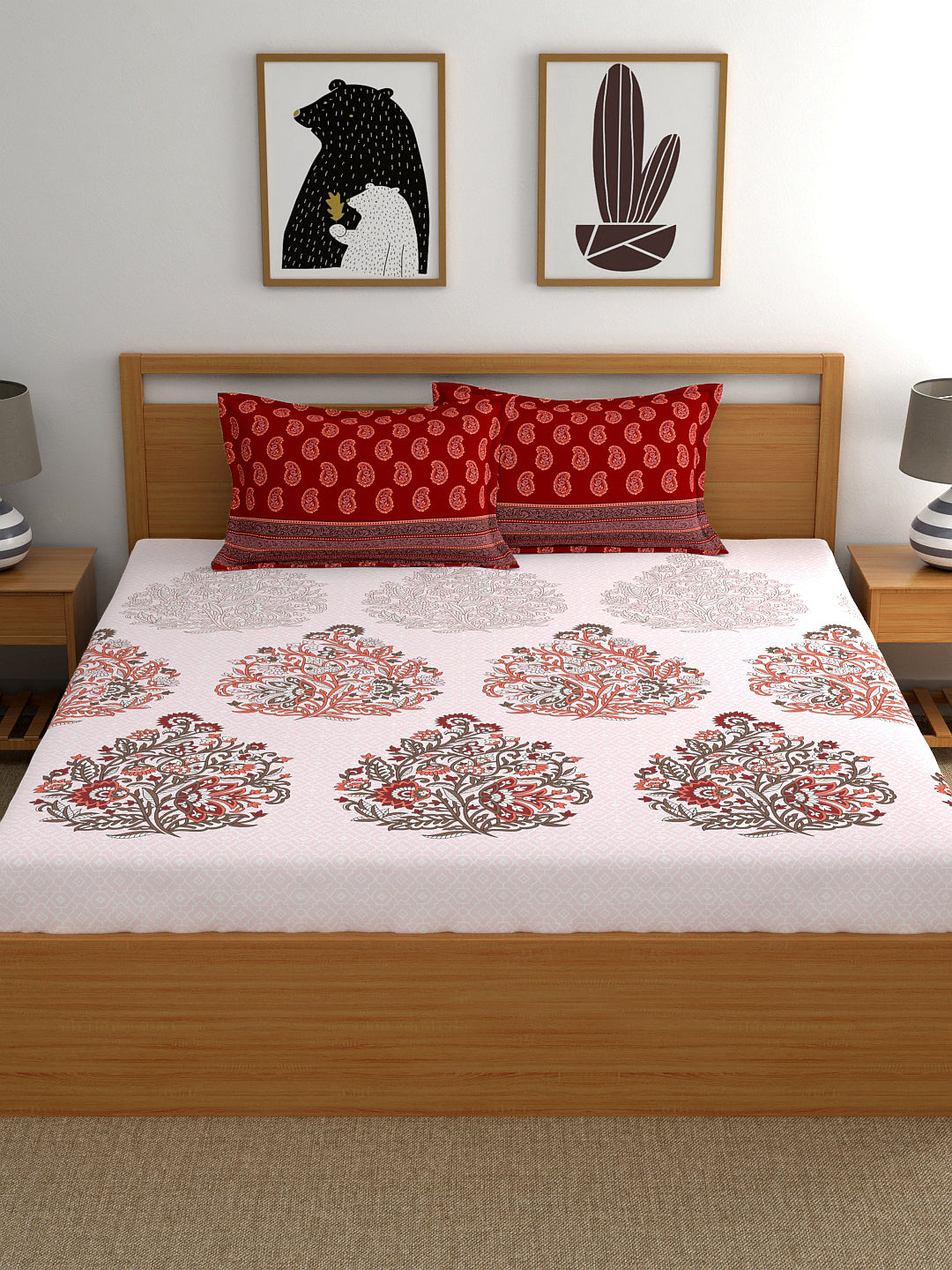 My Room 100% Cotton Floral Bedsheet Set | 140 TC | Tomato